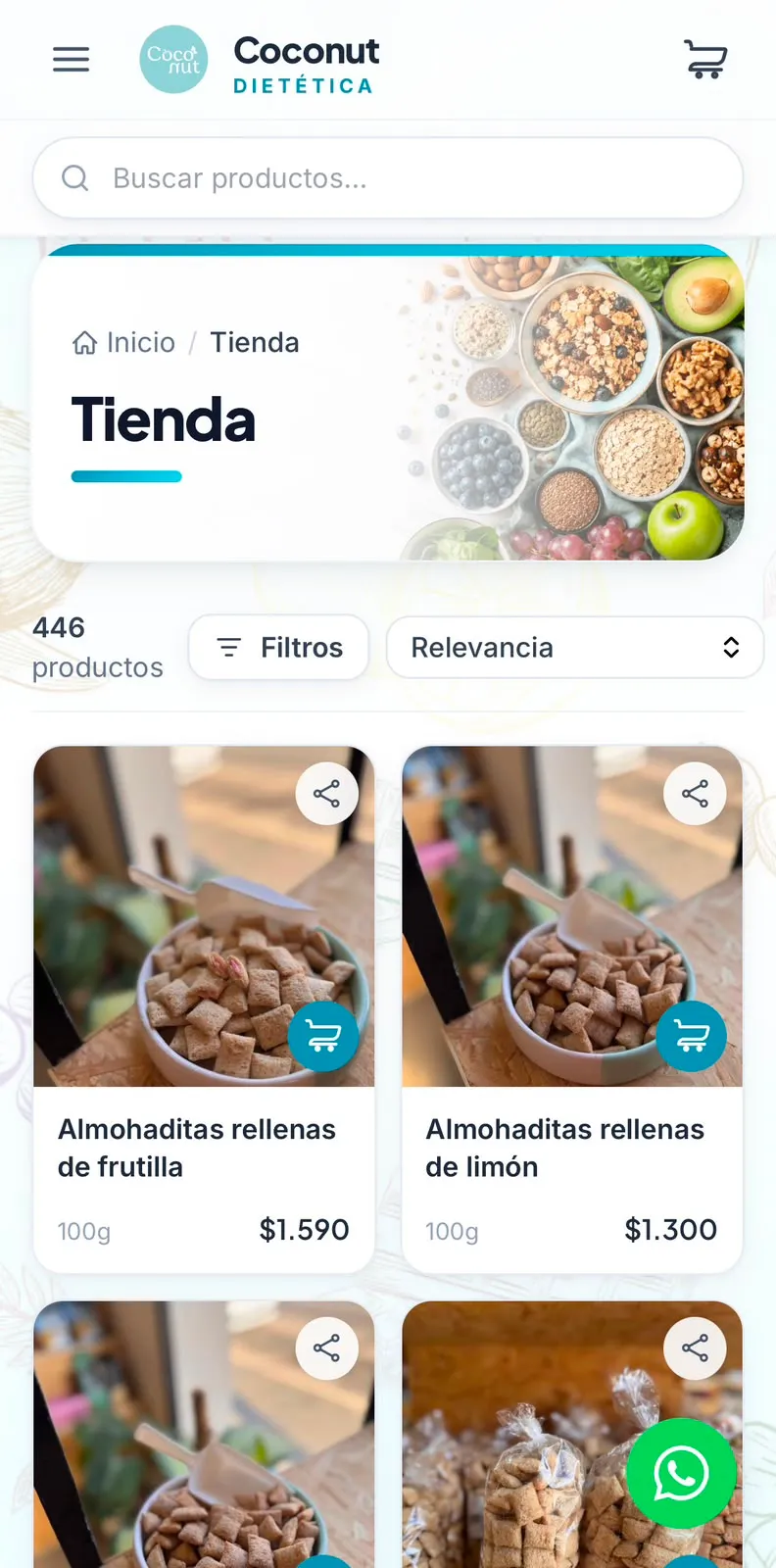 Catálogo online de Coconut Dietética con 446 productos, filtros y tarjetas de producto con carrito y compartir