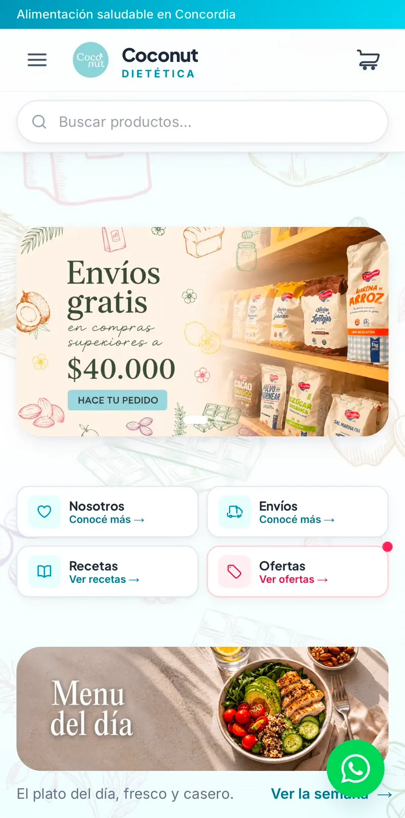 Home de Coconut Dietética con banner de envíos gratis y accesos rápidos a Nosotros, Envíos, Recetas y Ofertas