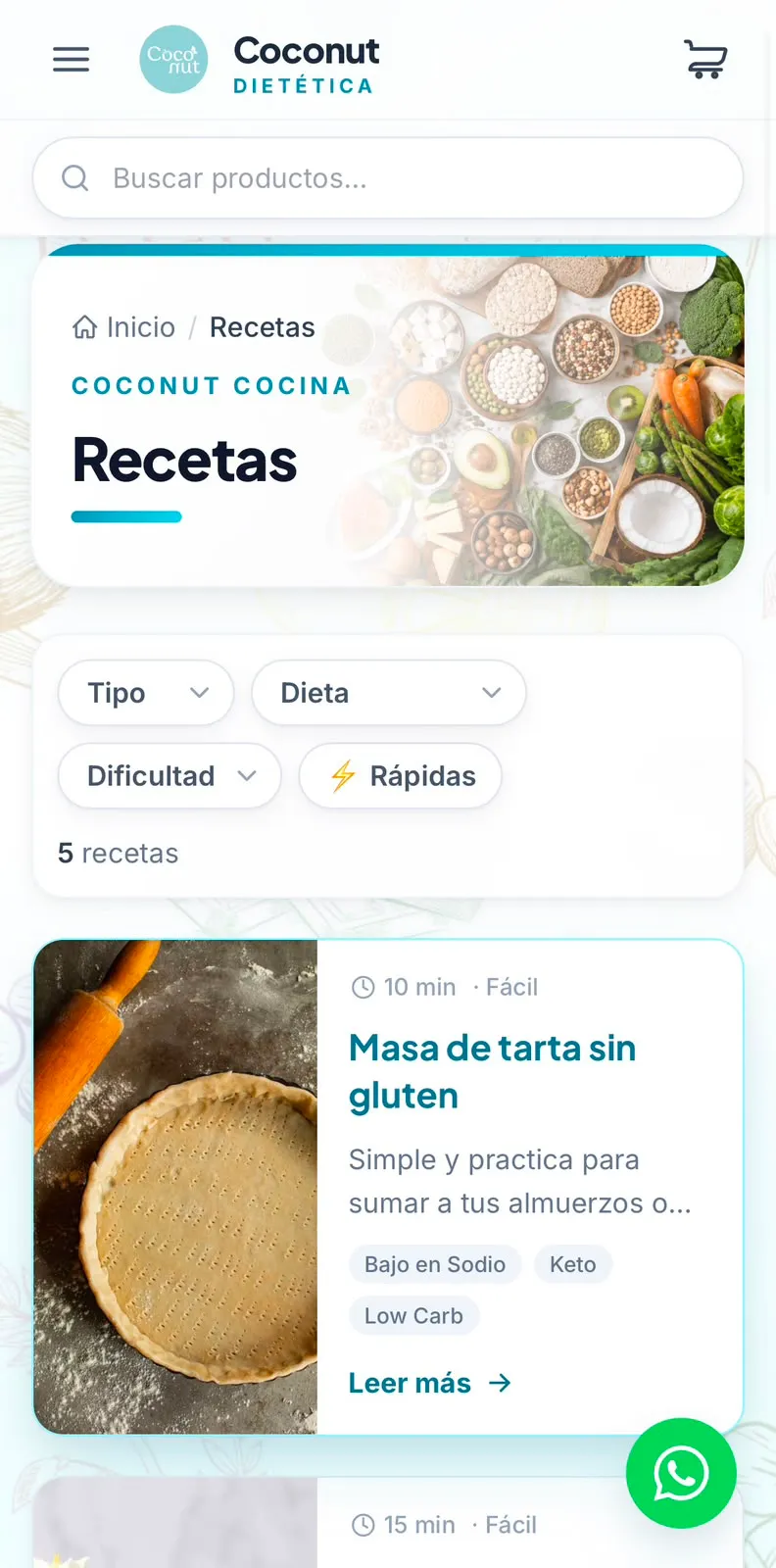 Sección de Recetas de Coconut Dietética con filtros por tipo, dieta y dificultad