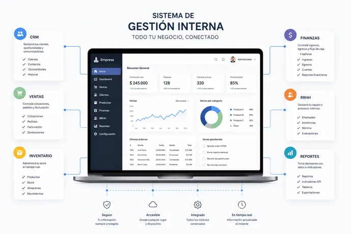 Sistema de gestión interna con módulos de CRM, ventas, inventario, finanzas, RRHH y reportes